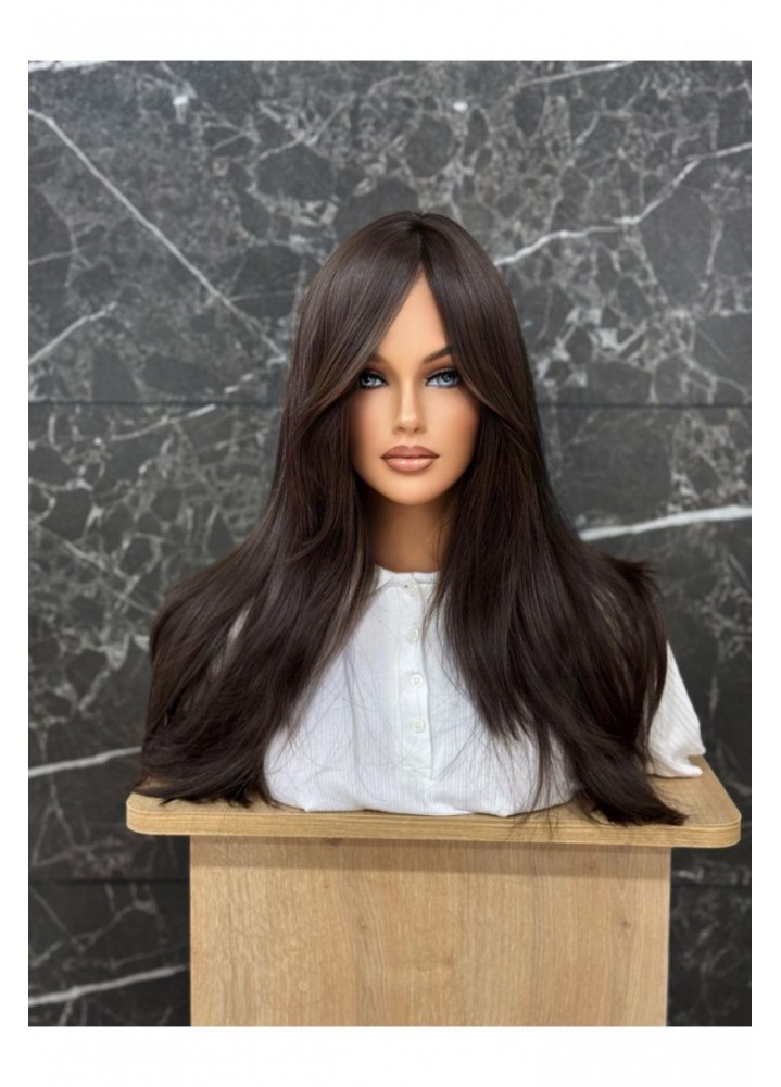 Koyu Kestane Uzun Perçemli Vip Peruk